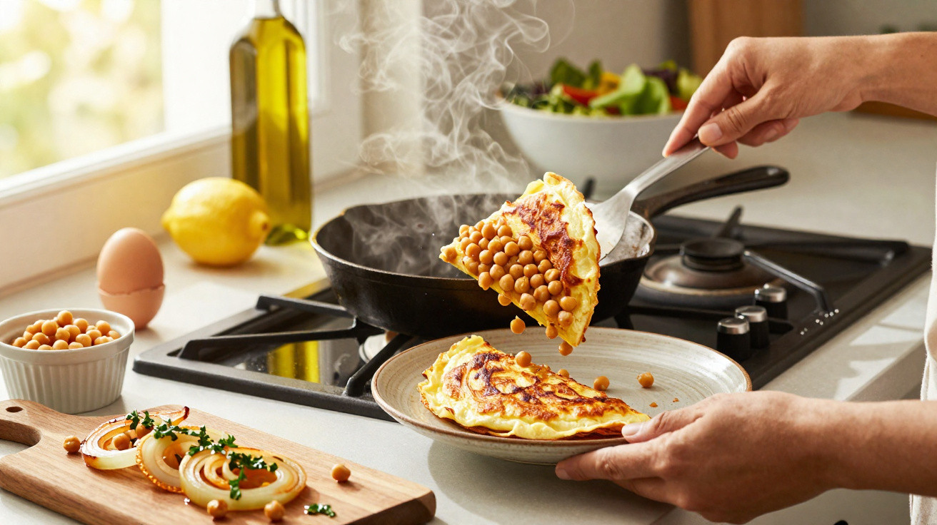 Pessoa a servir omelete com grão-de-bico quente numa cozinha luminosa com ingredientes na bancada.