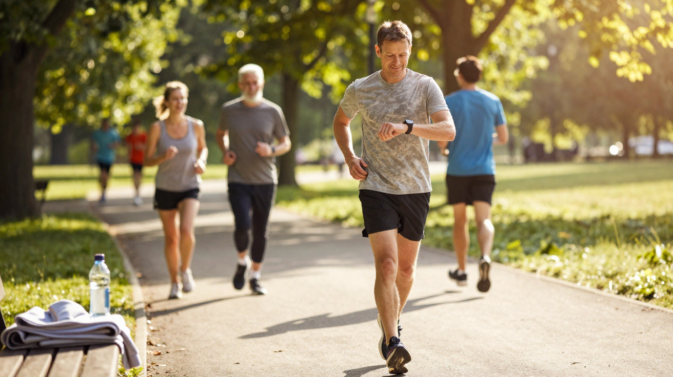 Homem a correr e a consultar relógio enquanto outras pessoas correm num parque ensolarado.