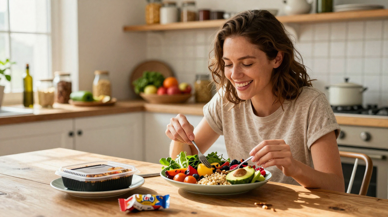 Mulher sorridente a comer salada saudável com abacate na cozinha luminosa.