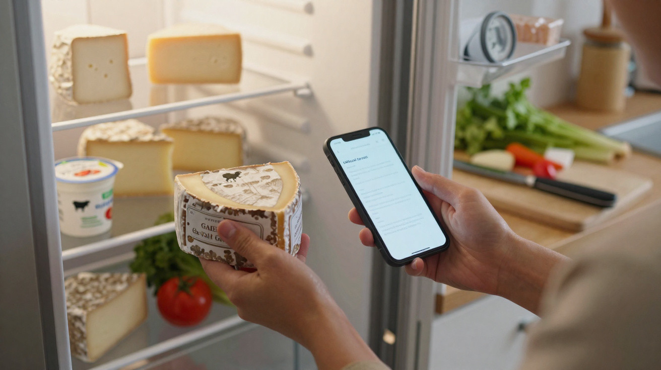 Pessoa com queijo na mão a consultar receita ou lista de compras no telemóvel junto ao frigorífico aberto.