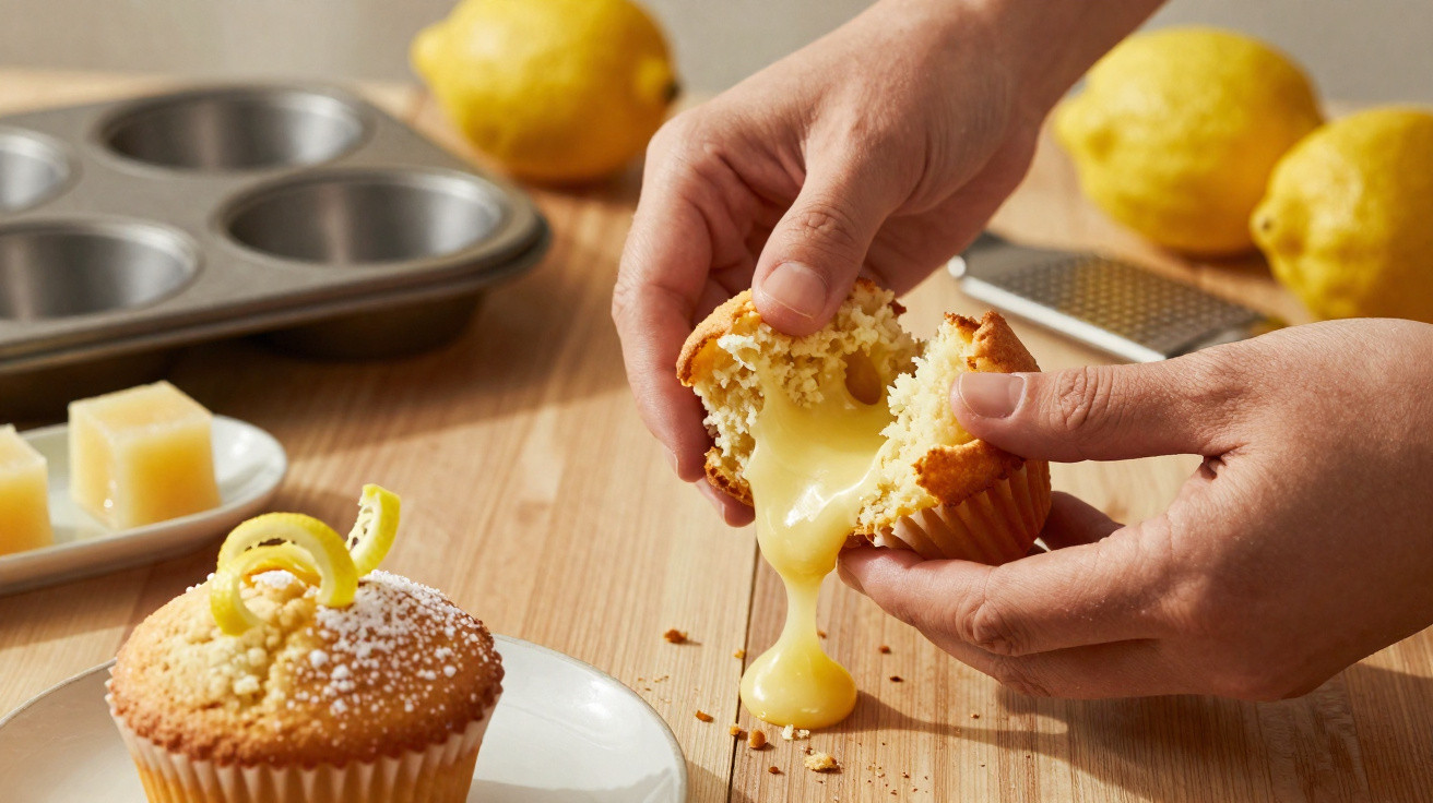 Mãos a partir um muffin com recheio cremoso de citrinos, limões e ralador em fundo de madeira.
