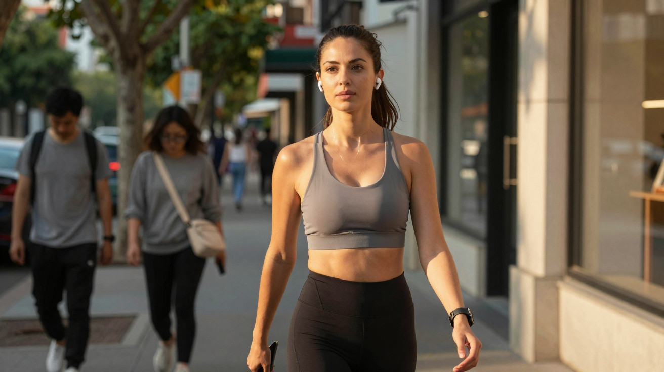 Mulher jovem a caminhar na rua com roupa desportiva e auscultadores, em dia de sol.