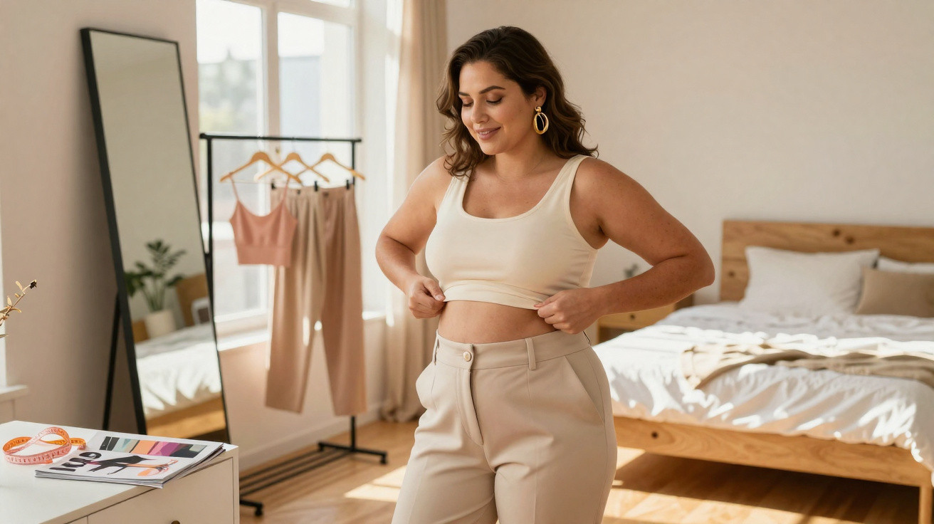 Mulher sorridente ajusta a roupa num quarto iluminado com cabide de roupa e espelho ao fundo.