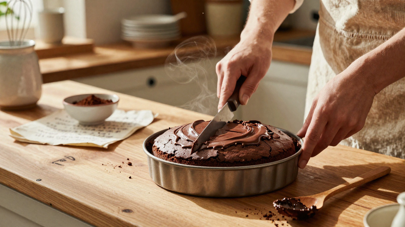 Pessoa a cortar bolo de chocolate acabado de sair do forno numa cozinha rústica.