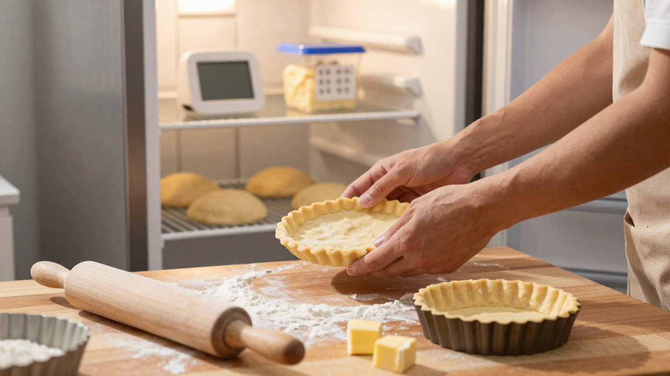 Mãos a colocar massa para tarte em forma metálica, com rolo de massa, manteiga e massa em fermentação ao fundo.
