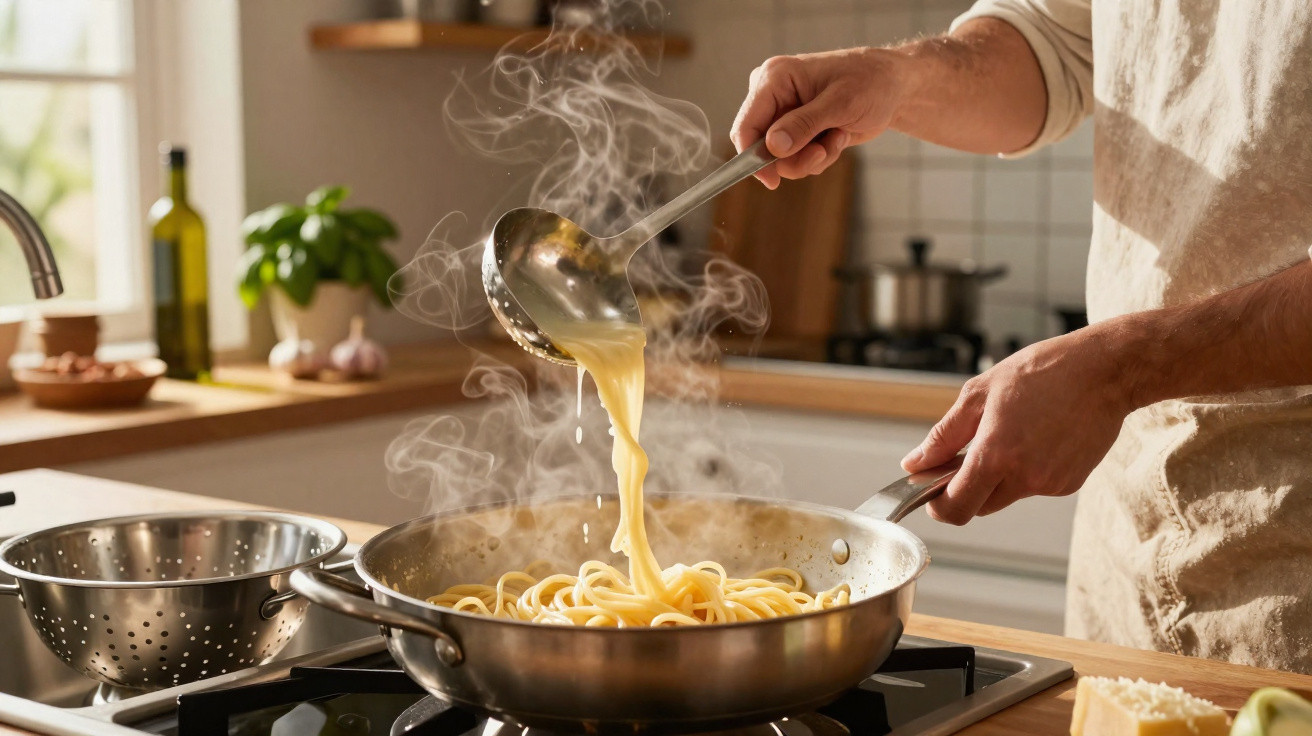 Pessoa a cozinhar massa numa frigideira com molho quente a ser vertido com concha na cozinha.