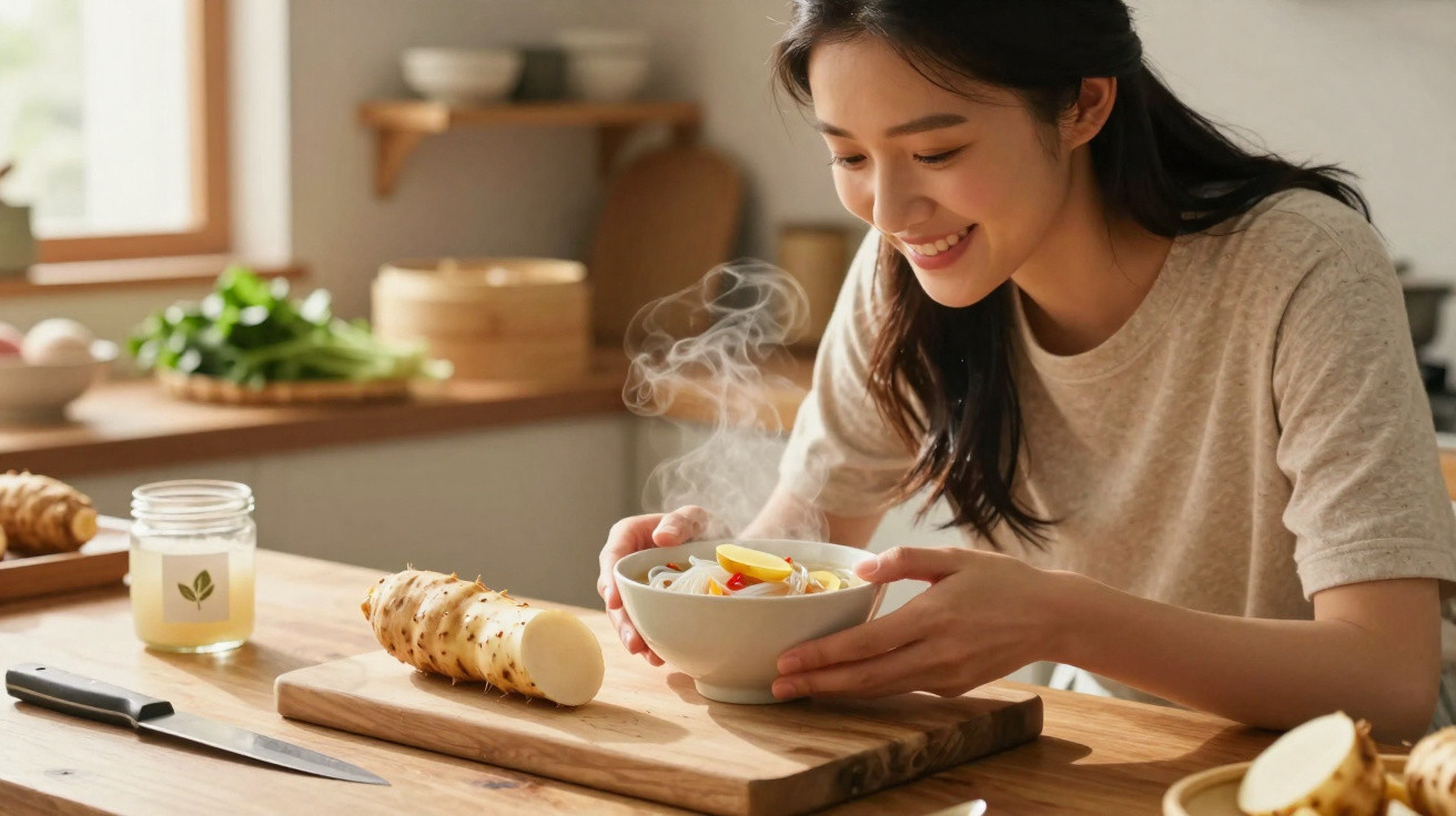 Mulher sorridente segurando tigela de sopa quente na cozinha com legumes e utensílios à volta.