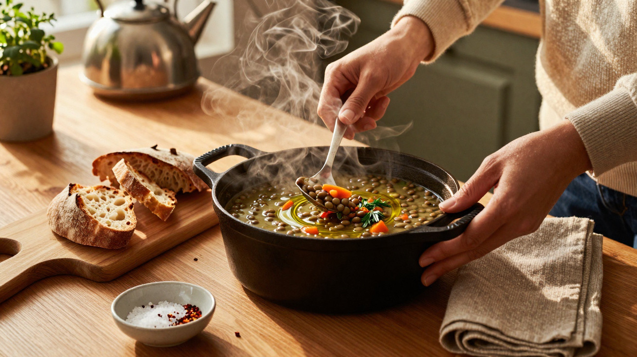 Pessoa a servir sopa quente de lentilhas numa colher, ao lado de pão e sal num balcão de cozinha.