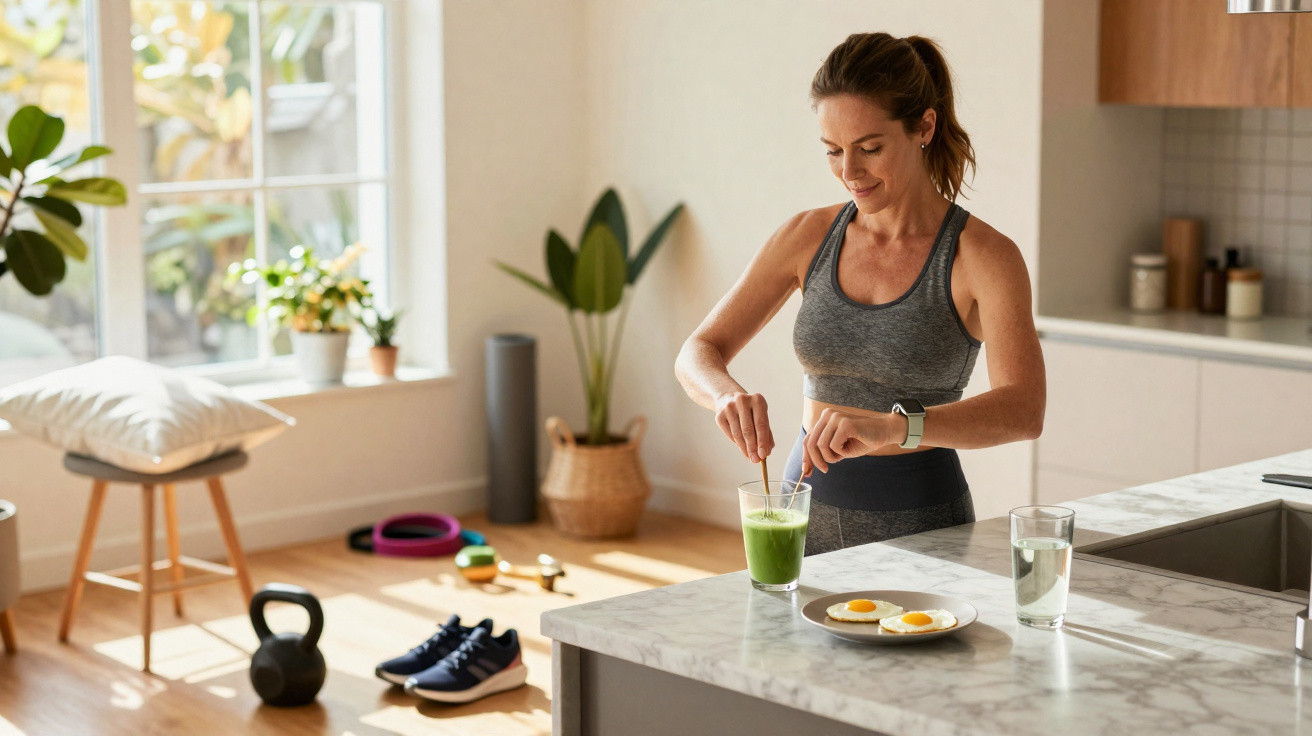 Mulher em roupa de treino prepara batido verde numa cozinha luminosa com ovo e água na bancada.