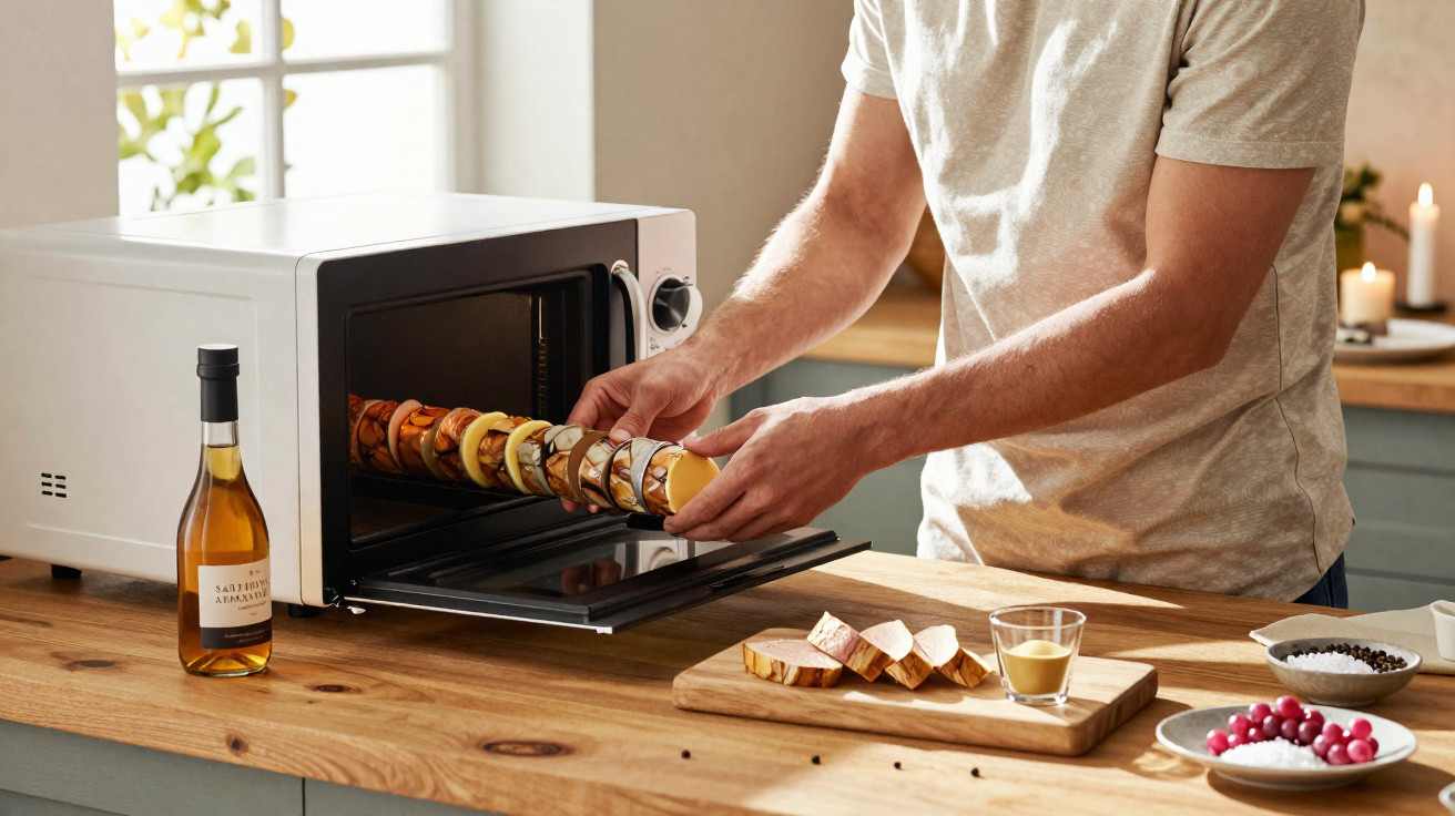 Homem a colocar espetadas com legumes e queijo num forno elétrico numa cozinha moderna.