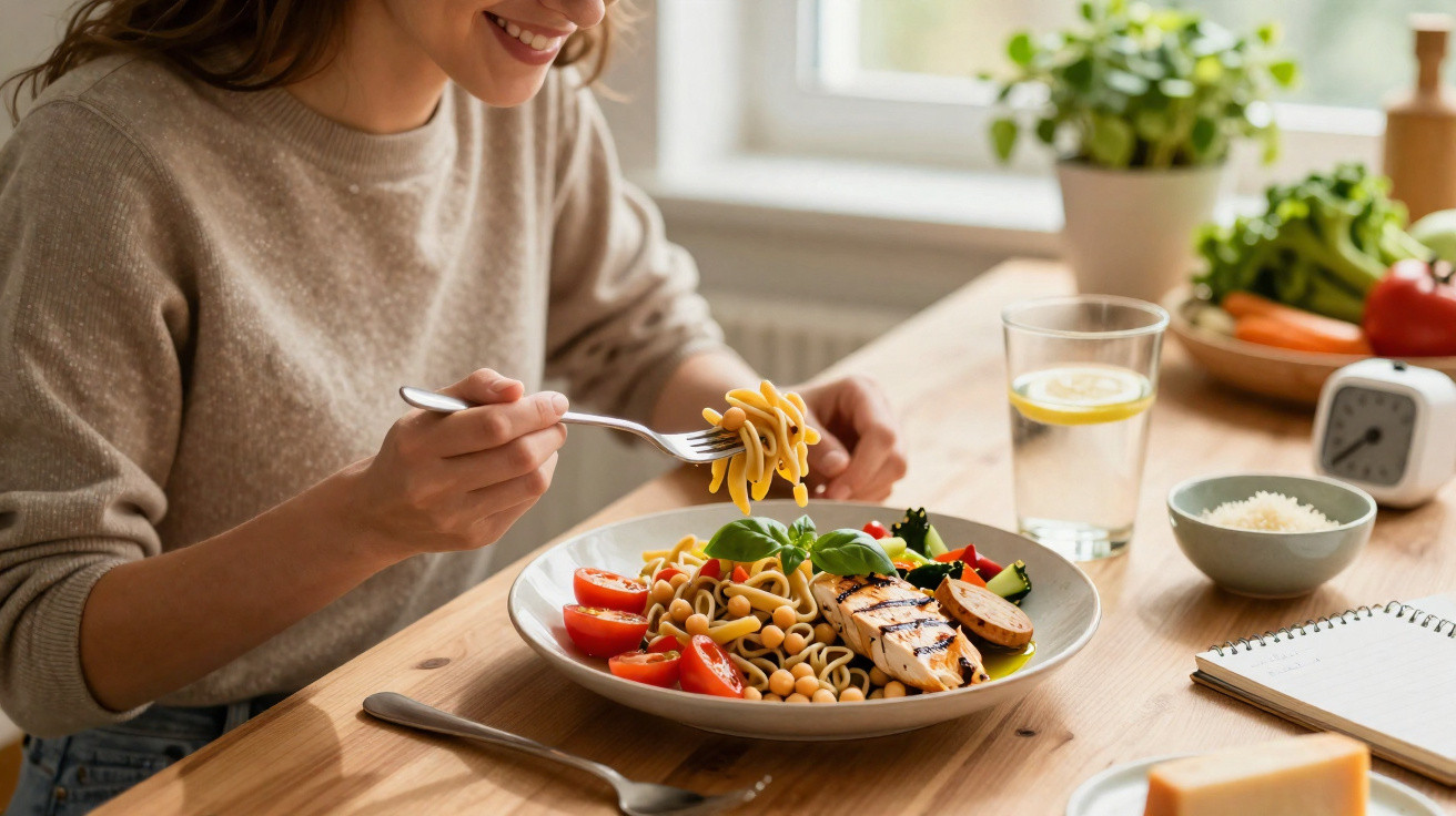 Pessoa sorridente a comer salada com massa, tomate e frango grelhado numa mesa com copo de água.