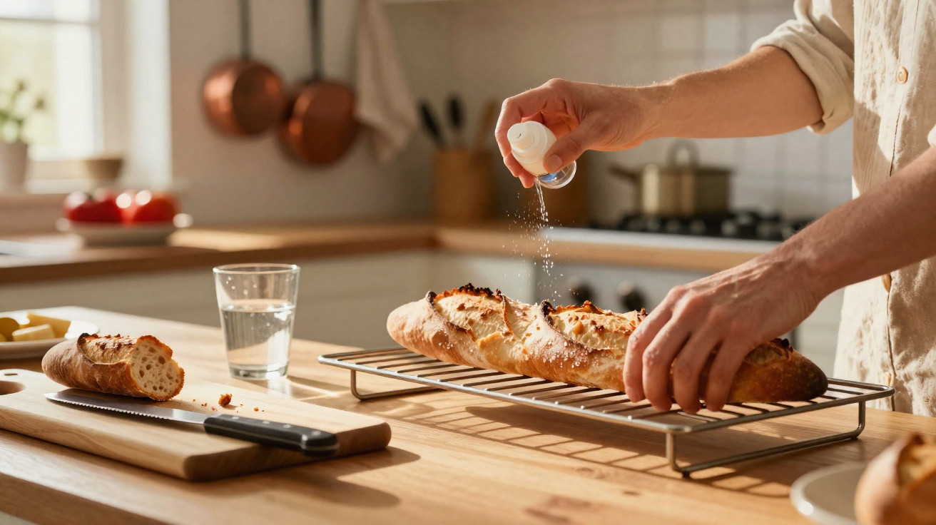 Pessoa a salpicar sal num pão baguete acabado de sair do forno numa cozinha moderna.