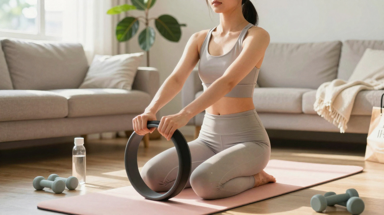 Mulher em roupa de desporto a usar roda de pilates num tapete numa sala iluminada com sofás e halteres.