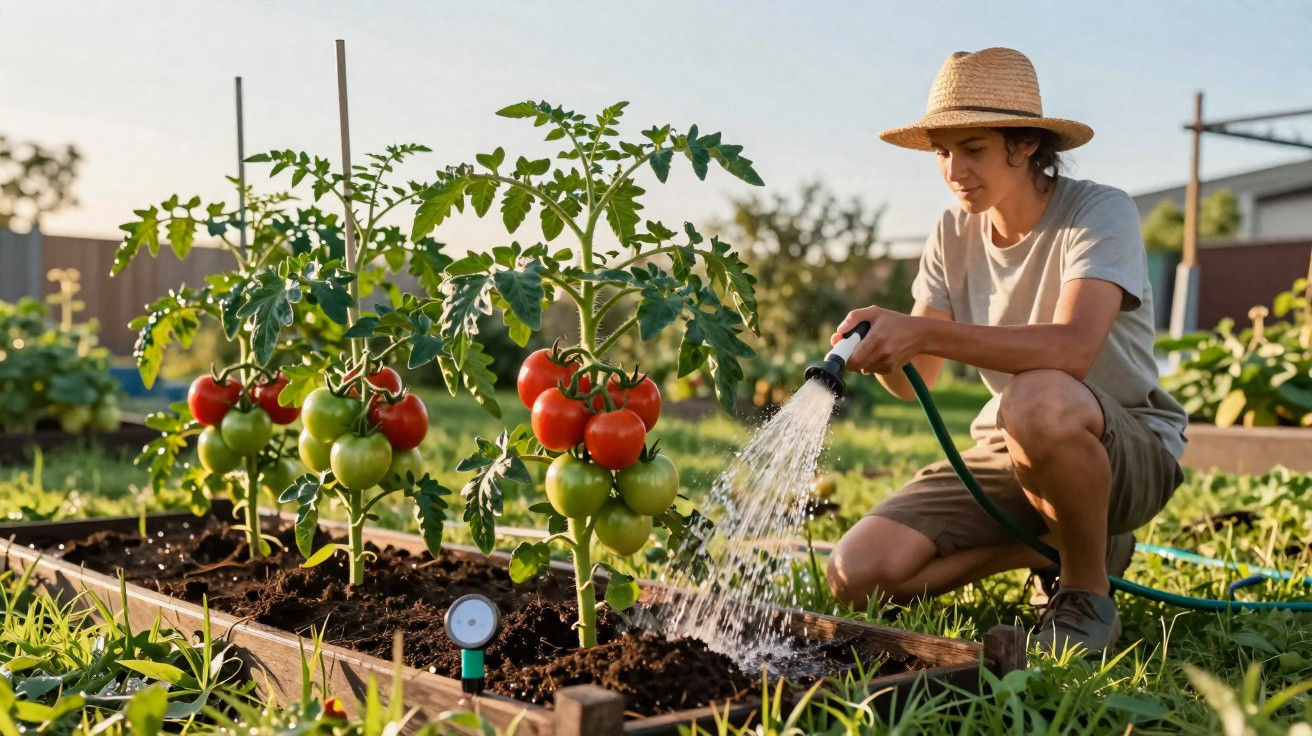 Pessoa a regar plantas de tomate num jardim urbano ao ar livre, com tomates verdes e maduros.