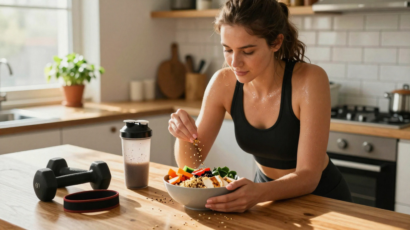 Mulher em roupa de ginásio tempera salada numa cozinha com halteres e batido ao lado.