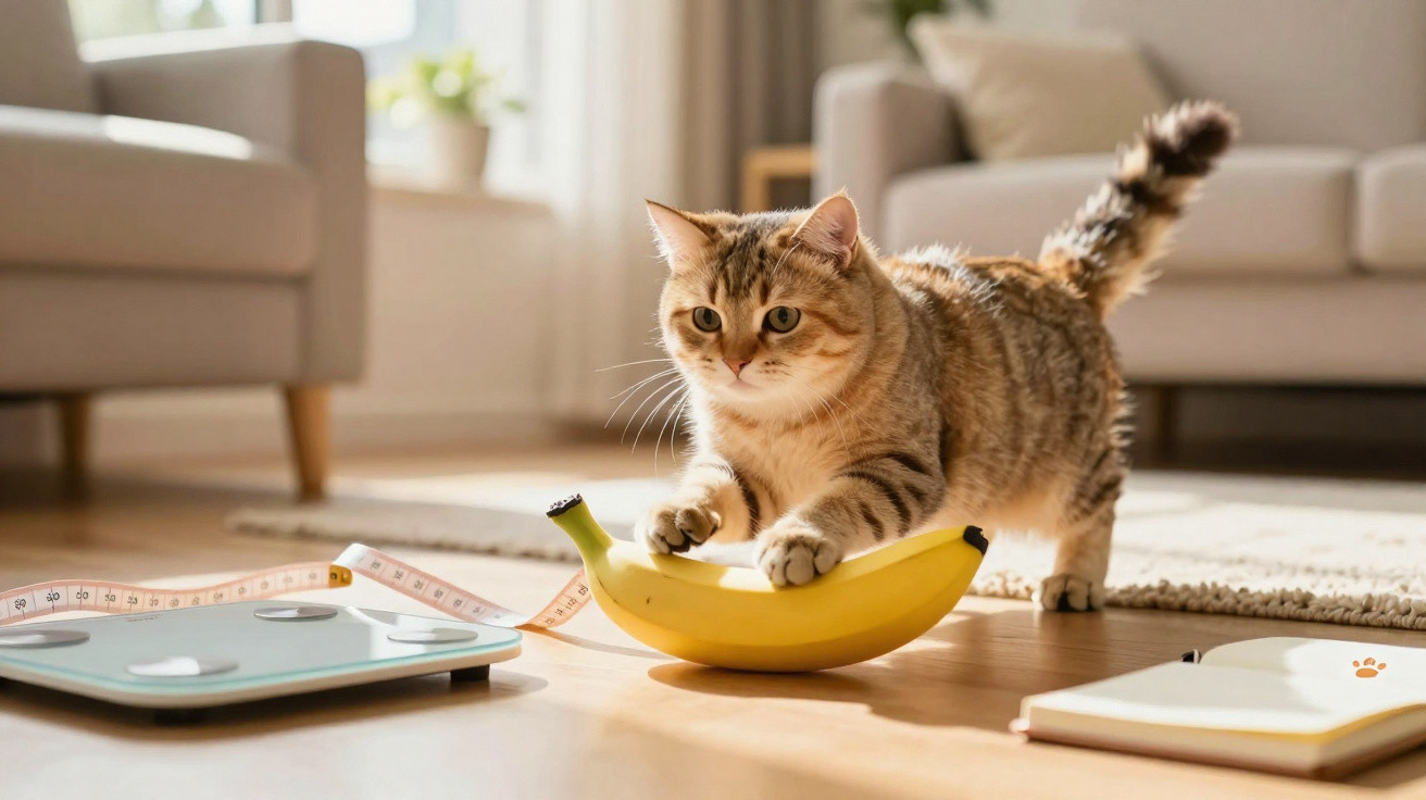 Gato tigrado com patas sobre uma banana no chão da sala, perto de balança e fita métrica.