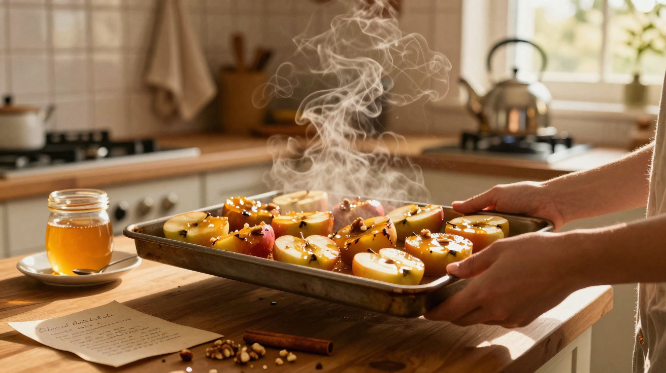 Tabuleiro com maçãs assadas a sair vapor na cozinha, com mel e especiarias em cima da bancada.