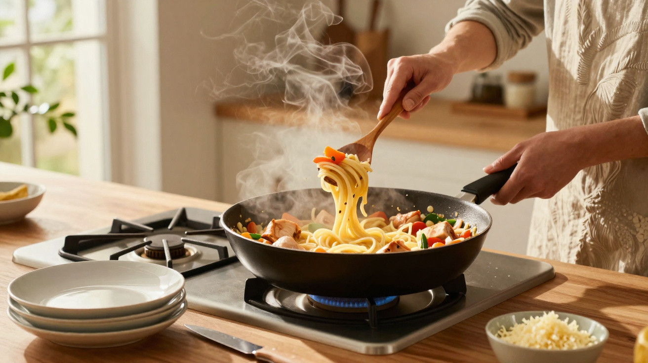 Pessoa a cozinhar massa com legumes numa frigideira sobre fogão a gás numa cozinha iluminada.