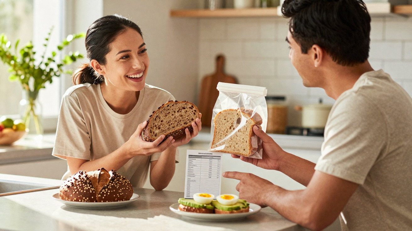 Casal na cozinha a comparar dois tipos de pão enquanto sorriem sentados à mesa.