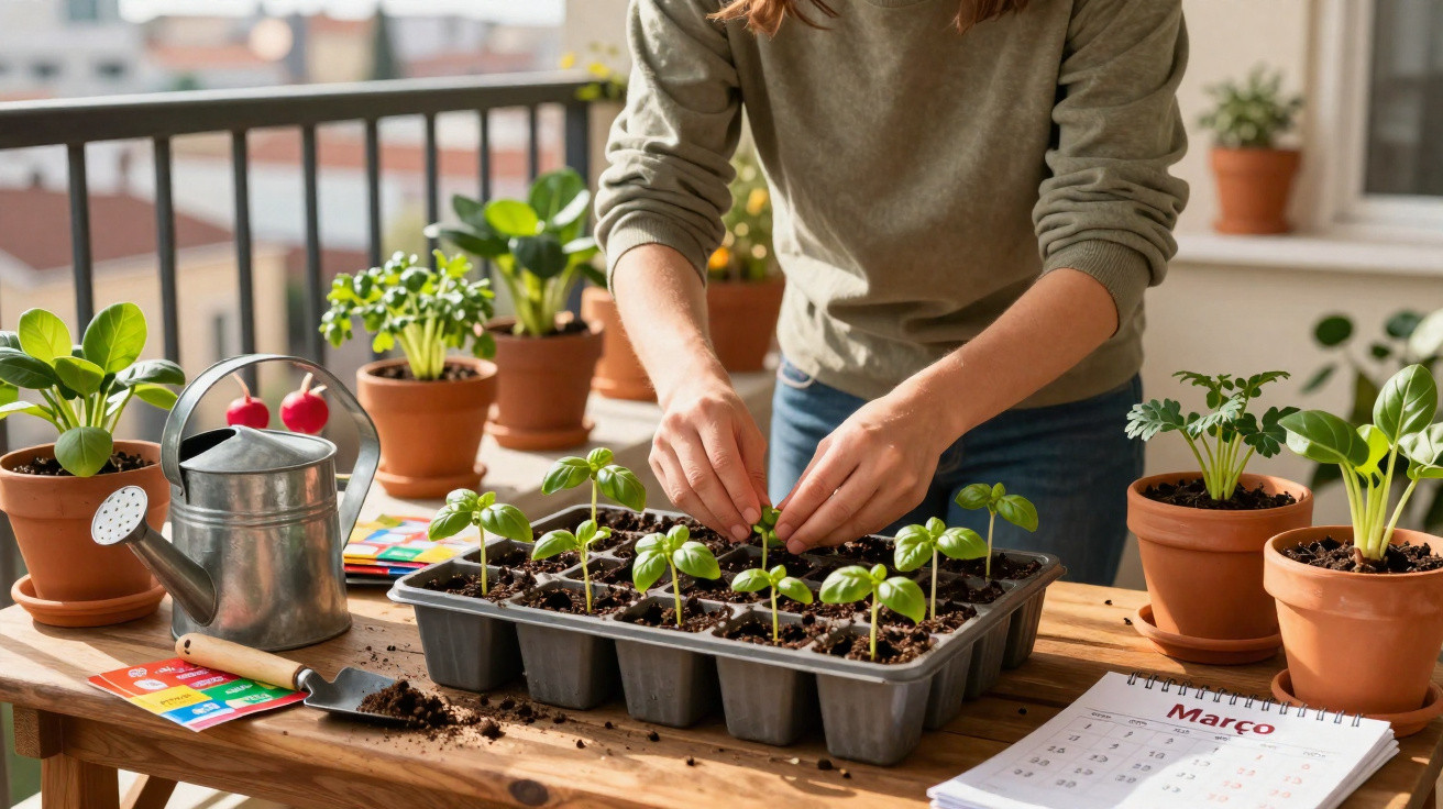 Pessoa a plantar sementes em tabuleiro com muda, rodeada de vasos de plantas, regador e calendário de março.