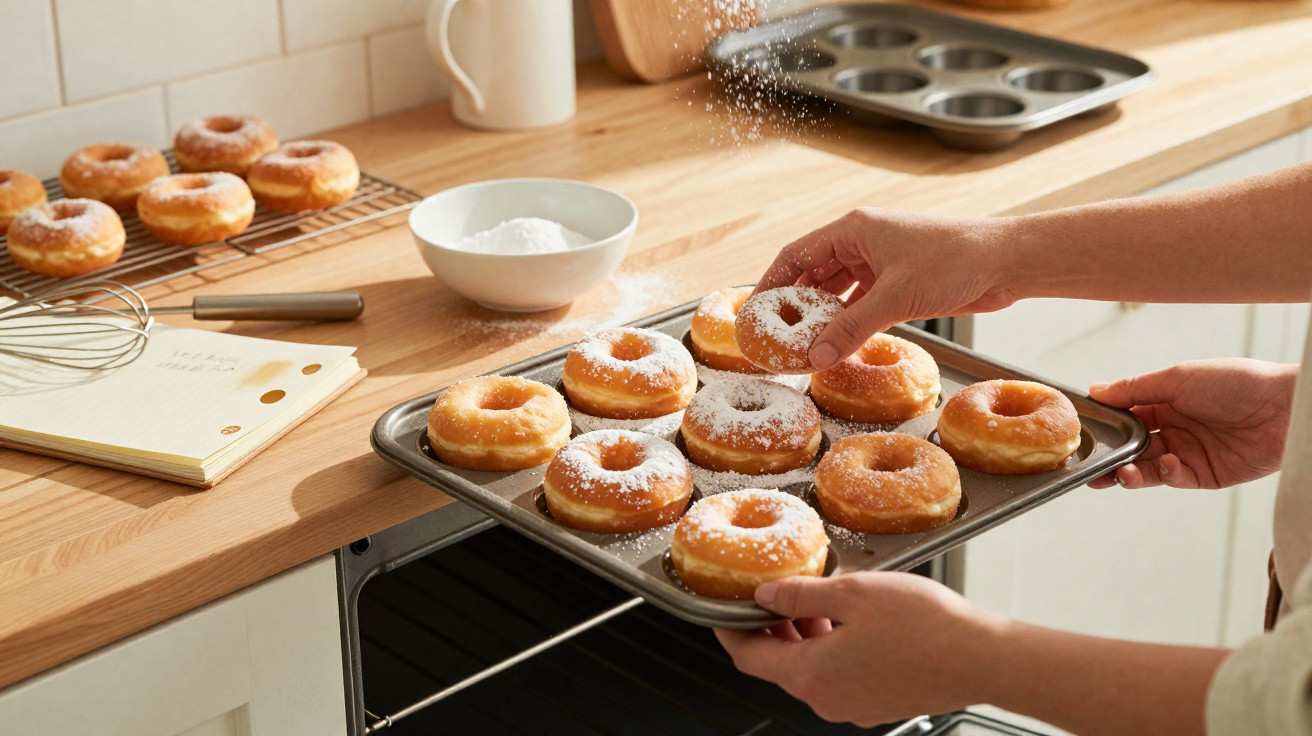 Pessoa polvilha donuts com açúcar em tabuleiro sobre forno, com utensílios e donuts ao fundo na bancada.