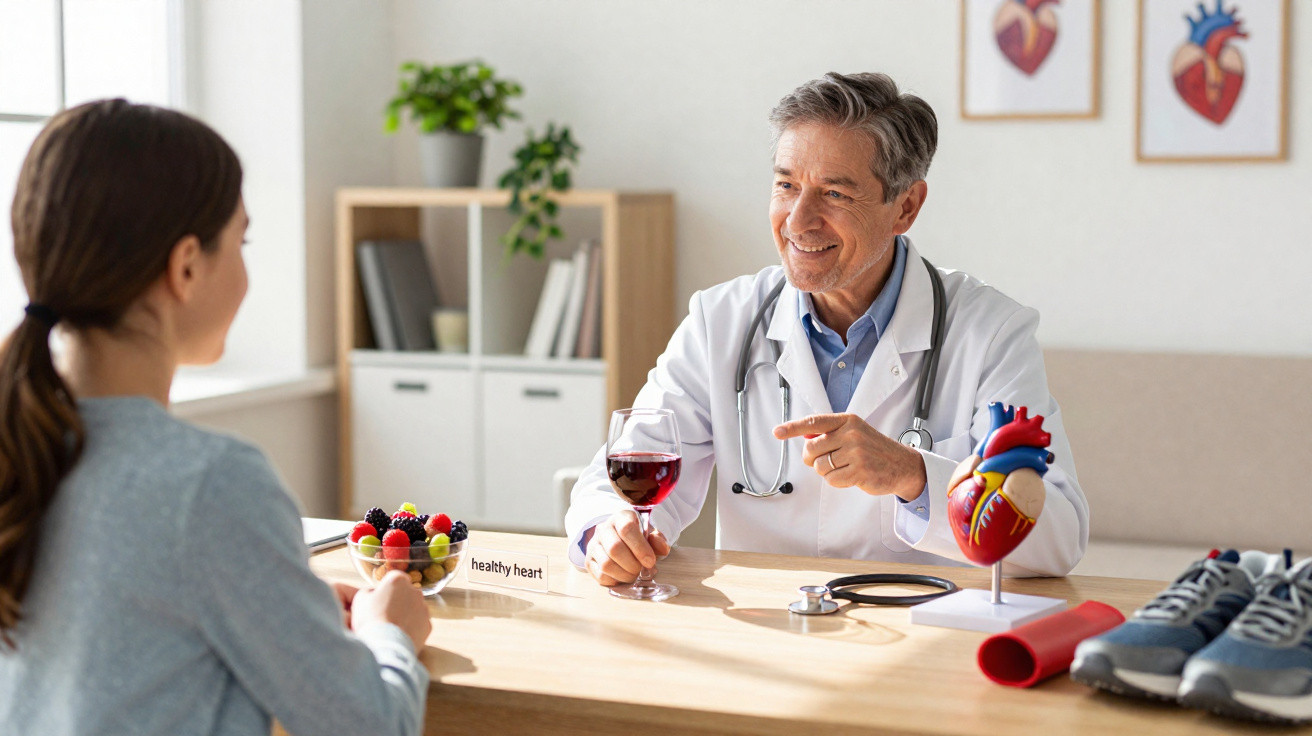 Médico a aconselhar paciente sobre consumo de vinho e saúde do coração numa consulta.