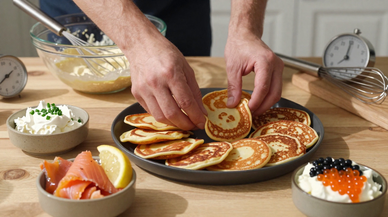 Pessoa a colocar panquecas numa travessa, rodeada de ingredientes como natas, salmão e ovas num balcão de cozinha.