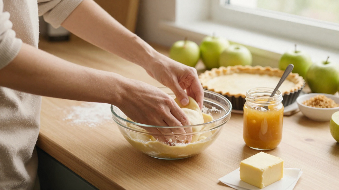 Mãos a preparar massa numa tigela de vidro, com ingredientes para tarte de maçã numa bancada de cozinha.