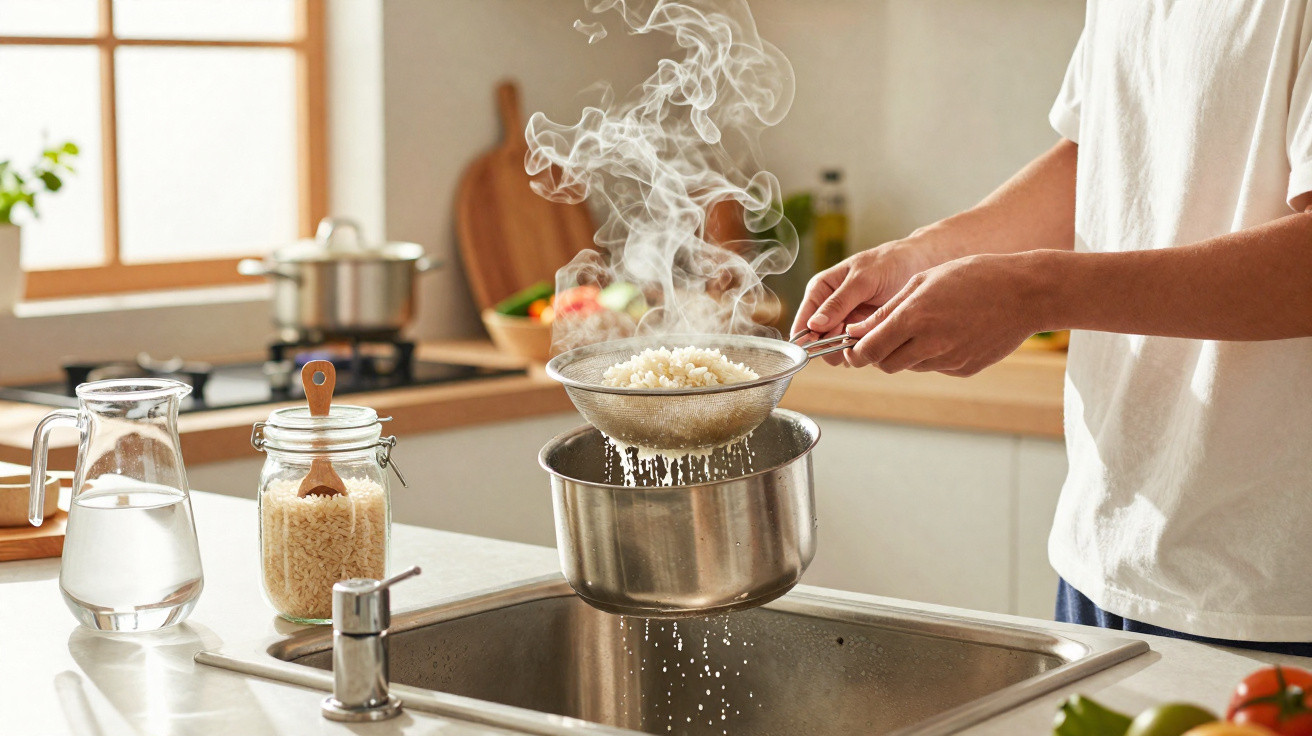 Pessoa a coar arroz fumegante numa cozinha moderna com utensílios e ingredientes ao redor.