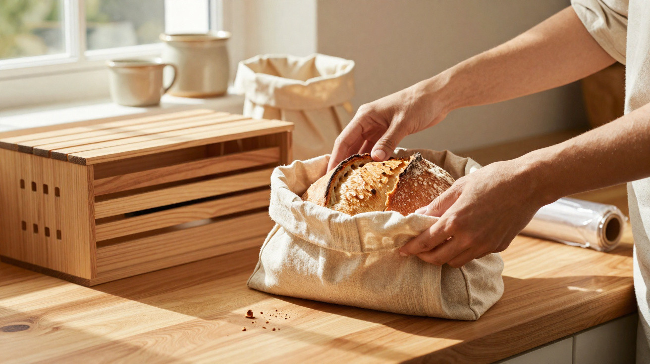 Pessoa a guardar pão fresco dentro de saco reutilizável num balcão de cozinha em madeira.