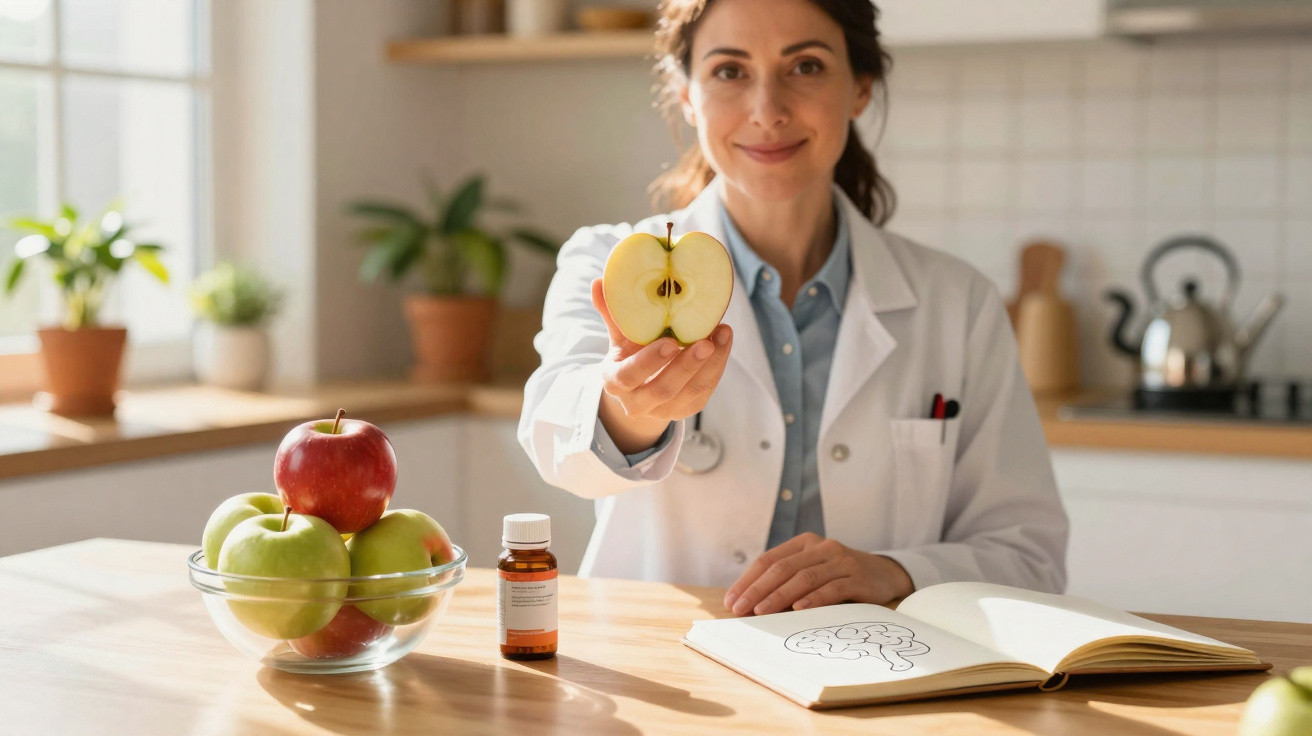 Mulher médica com bata branca segura meia maçã, com frascos e livros numa cozinha iluminada.