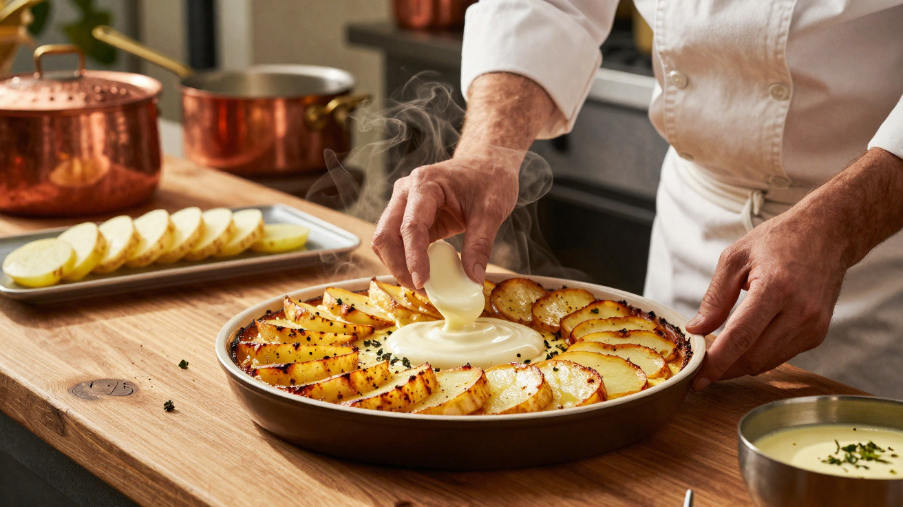 Chef a colocar molho quente numa tarte de batatas cozidas e temperadas num tabuleiro na cozinha.