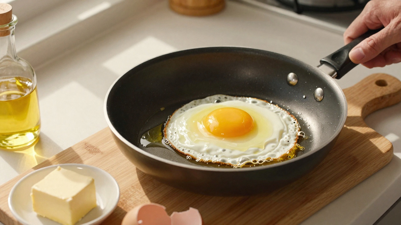 Ovo estrelado a cozinhar numa frigideira preta numa bancada com manteiga e azeite.