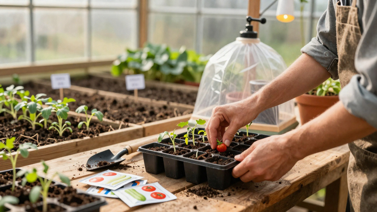 Pessoa a transplantar muda de tomate para tabuleiro de cultivo numa estufa com várias plantas e sacos de sementes.