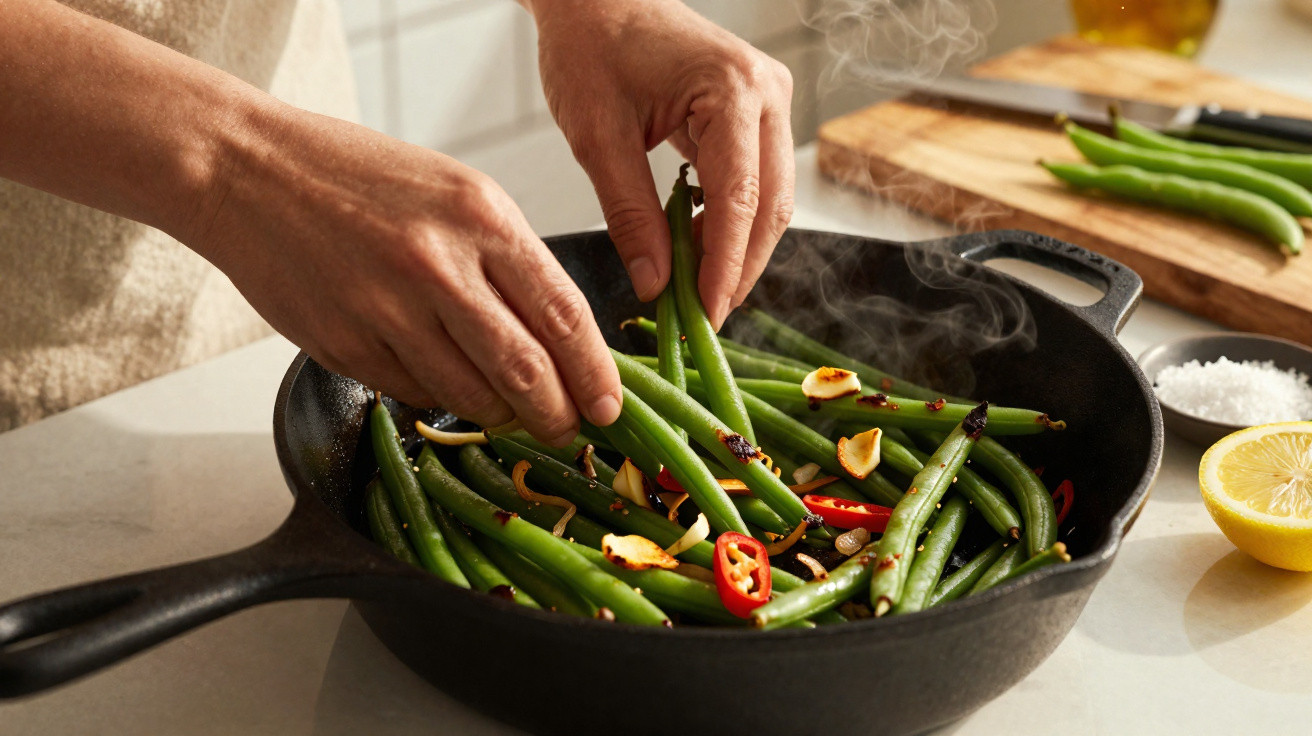 Mãos a cozinhar feijão verde com alho e malagueta numa frigideira de ferro em cozinha iluminada.