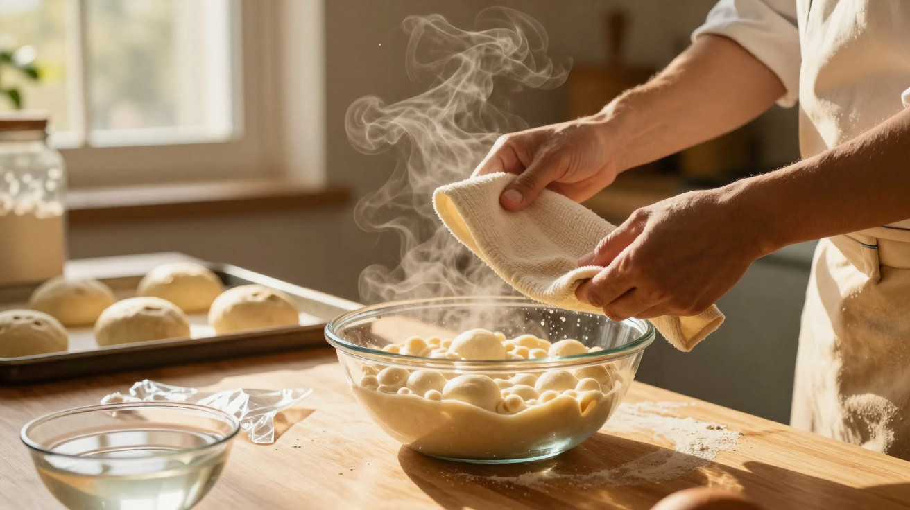 Mãos a secar vapor de tigela de vidro com massa levedada numa mesa de cozinha iluminada.