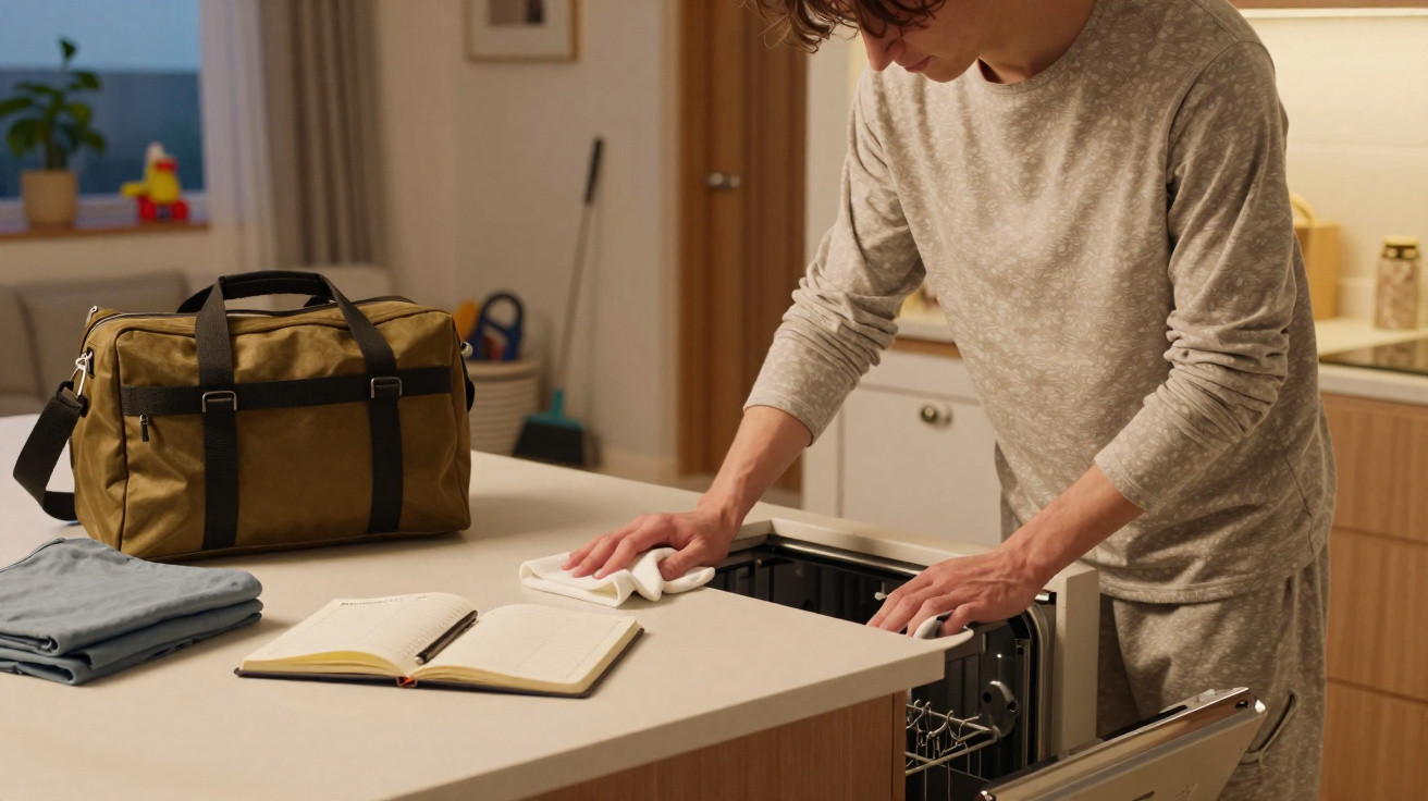 Pessoa a limpar bancada da cozinha junto à máquina de lavar loiça aberta, com livro e mala ao lado.