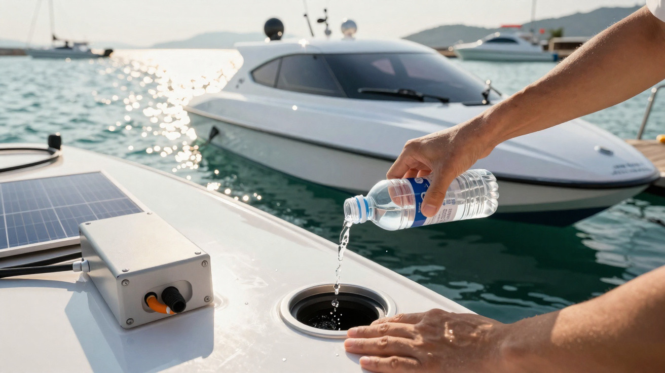 Pessoa a deitar água de uma garrafa reciclável num tanque a bordo de um barco atracado no mar.