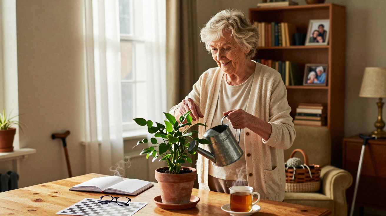 Mulher idosa rega planta num vaso, ao lado de chá, livro aberto e tabuleiro de xadrez numa mesa de madeira.