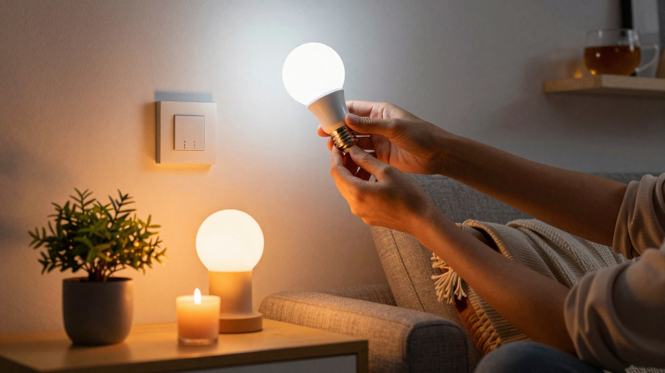 Pessoa a segurar uma lâmpada LED acesa ao lado de uma vela, planta e candeeiro numa mesa junto a uma parede.
