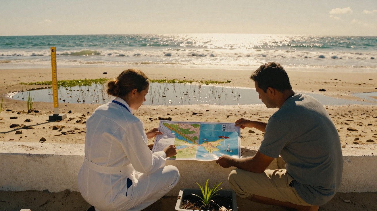 Duas pessoas analisam uma planta numa praia com medidor ambiental e plantas junto a uma poça de água.