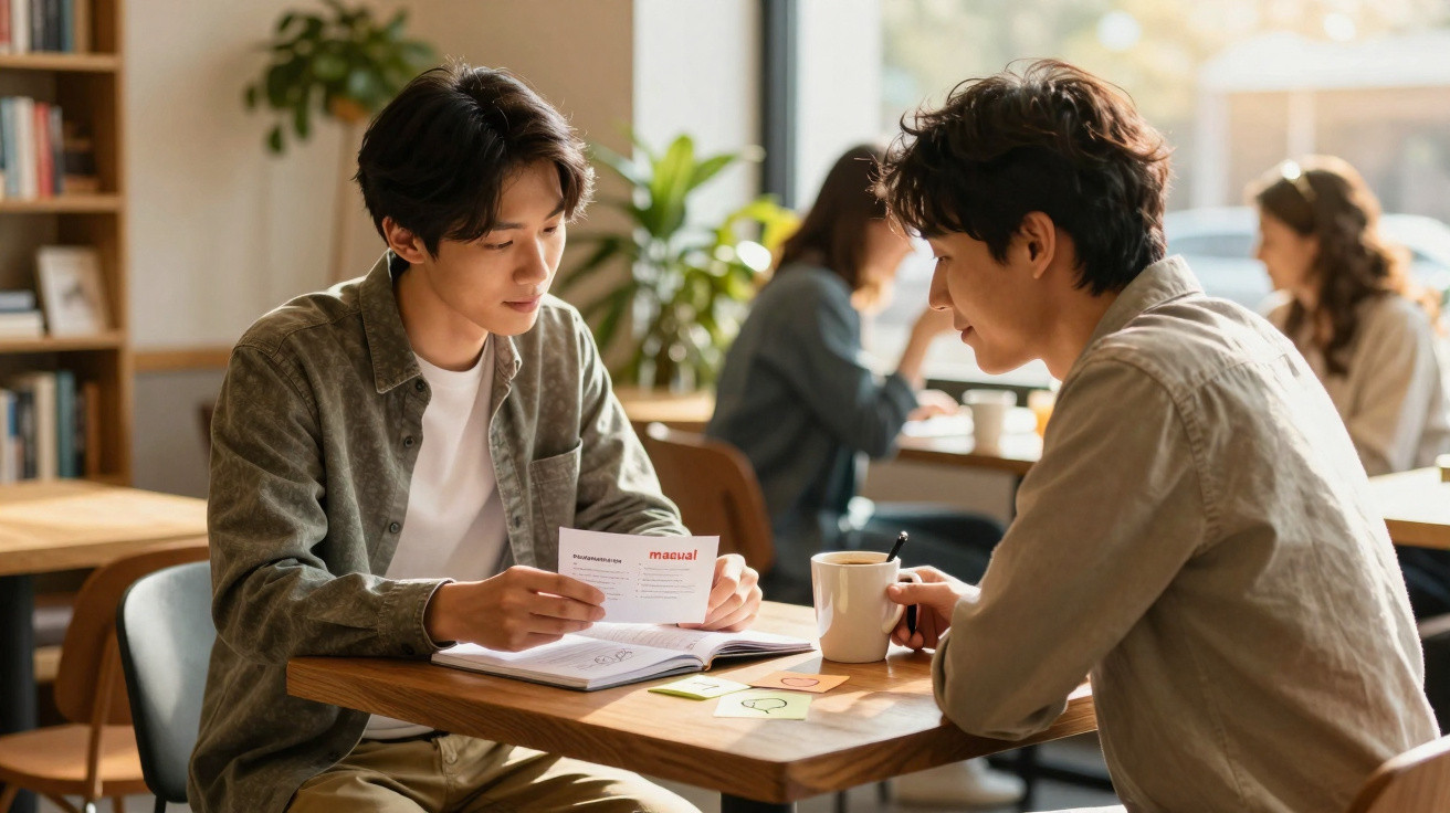 Dois jovens sentados à mesa de café a estudar e discutir enquanto seguram papéis e uma caneca.
