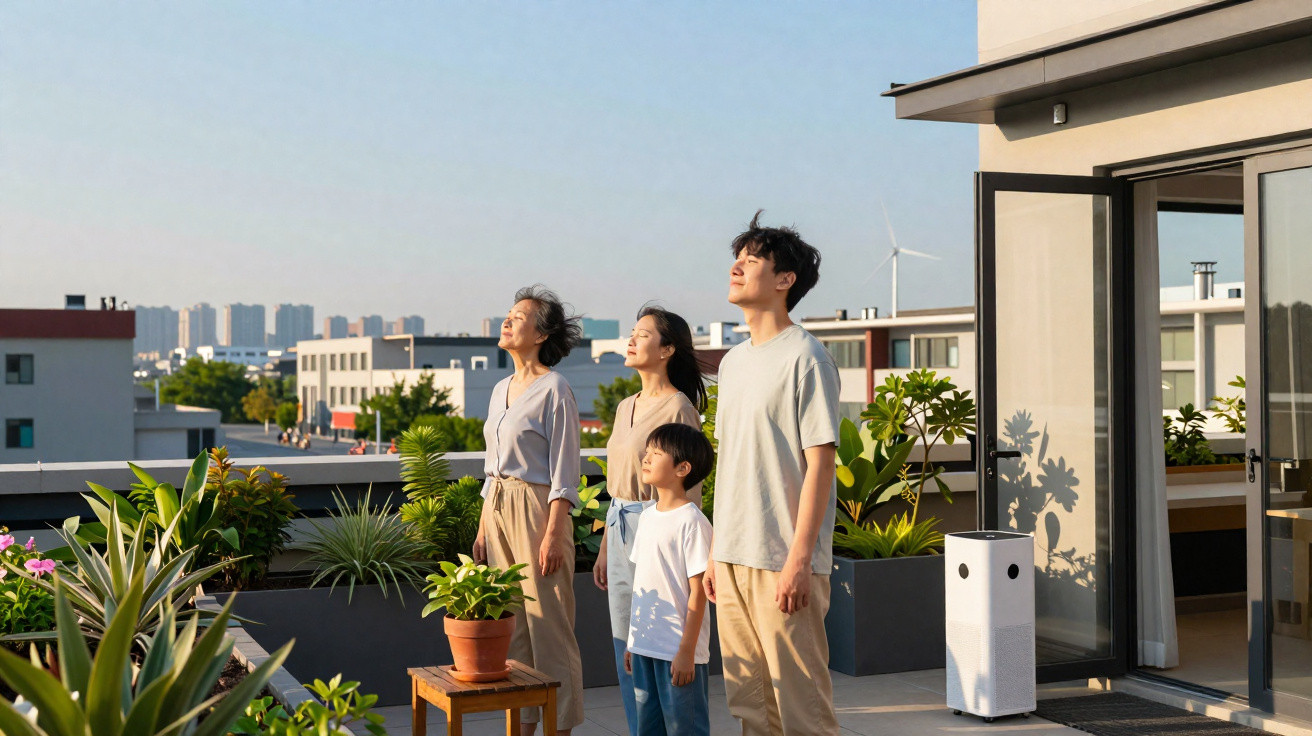 Família de quatro pessoas no terraço de casa, olhando para o céu num dia soalheiro com plantas ao redor.