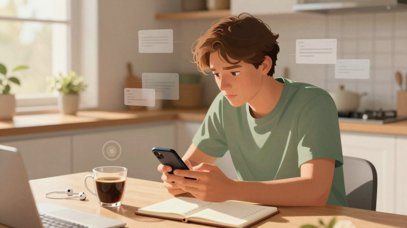 Jovem sentado à mesa da cozinha a usar telemóvel, com caderno aberto, café e auriculares ao lado.