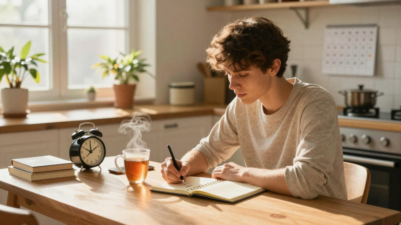 Jovem sentado numa cozinha a escrever num caderno com chá quente e relógio na mesa iluminada pela luz natural.