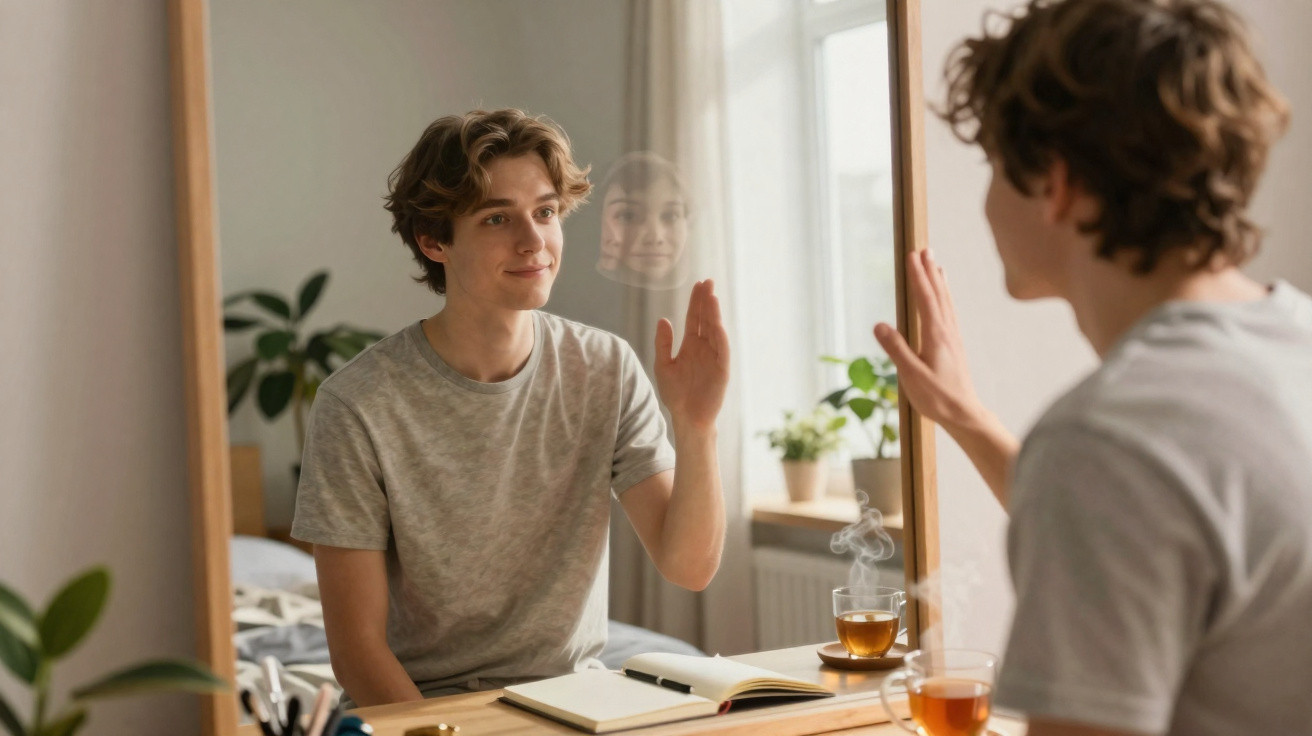 Jovem sentado a uma secretária sorrindo e tocando um espelho com uma mão, chá e caderno na mesa.