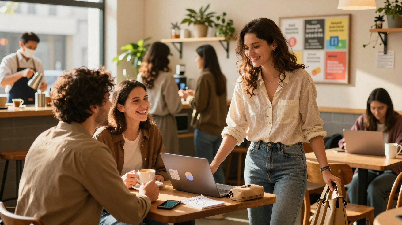 Jovens a socializar e trabalhar com laptops e cafés num ambiente descontraído de café.
