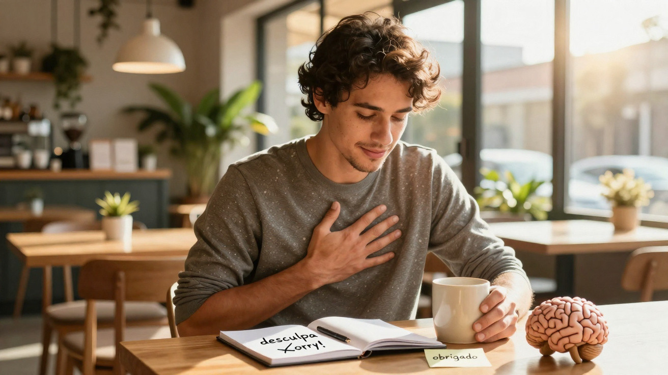 Jovem sentado numa mesa de café, com mão no peito, lendo livro aberto e segurando chá quente.