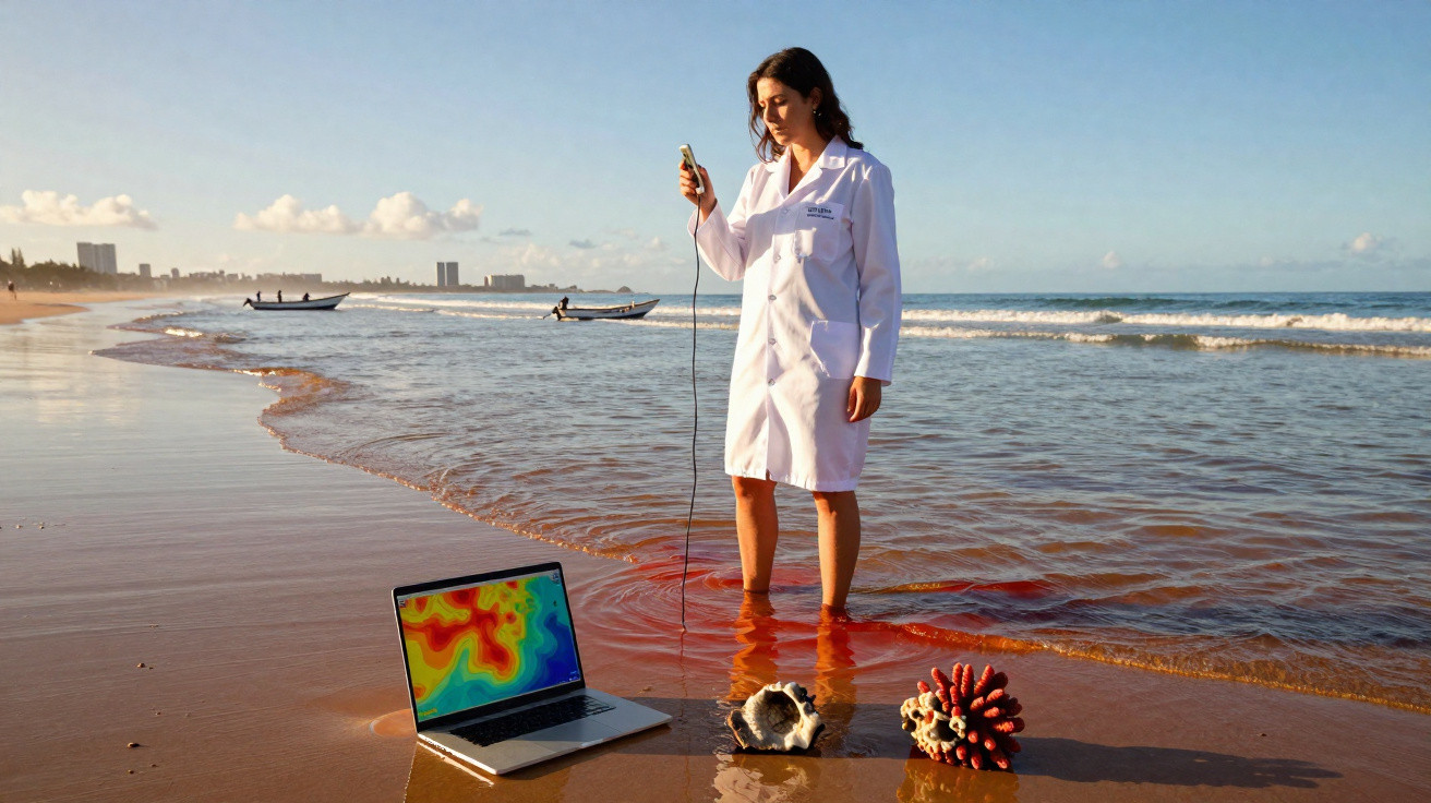 Mulher de bata branca a usar equipamento científico na praia com laptop e amostras de coral na água.
