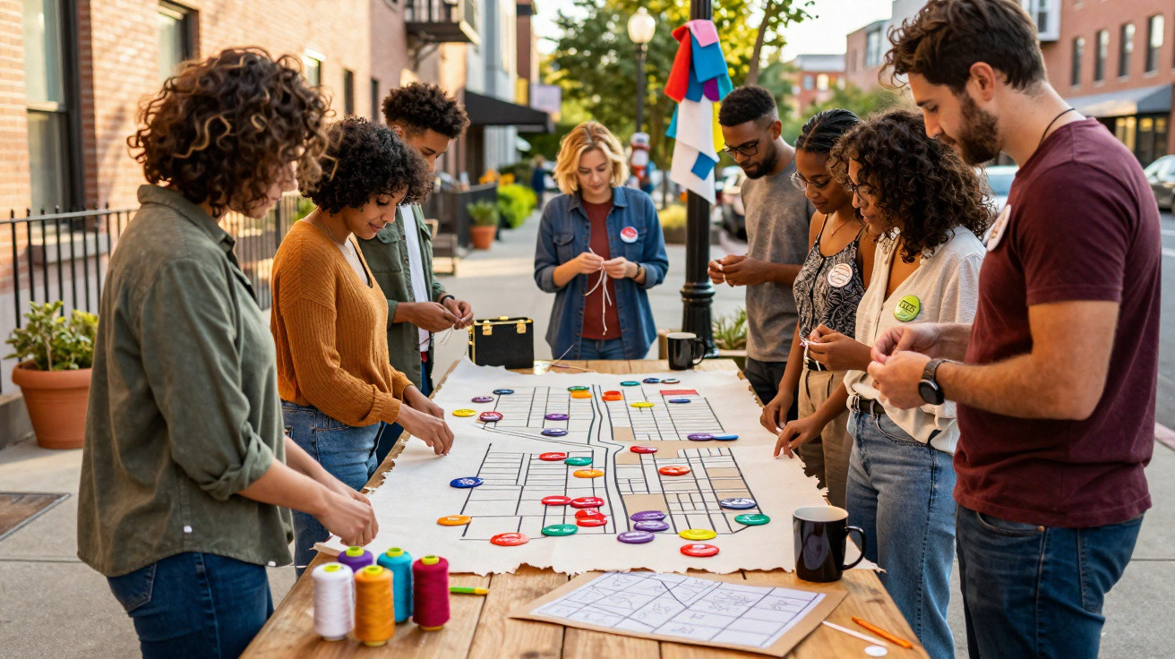 Grupo multicultural de jovens prende botões coloridos num mapa de tecido numa rua urbana.